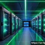 Home 18 분산 시스템에서의 웹 기술 활용 방안 - A futuristic data center interior showcasing a complex microservices architecture visualized as inte...