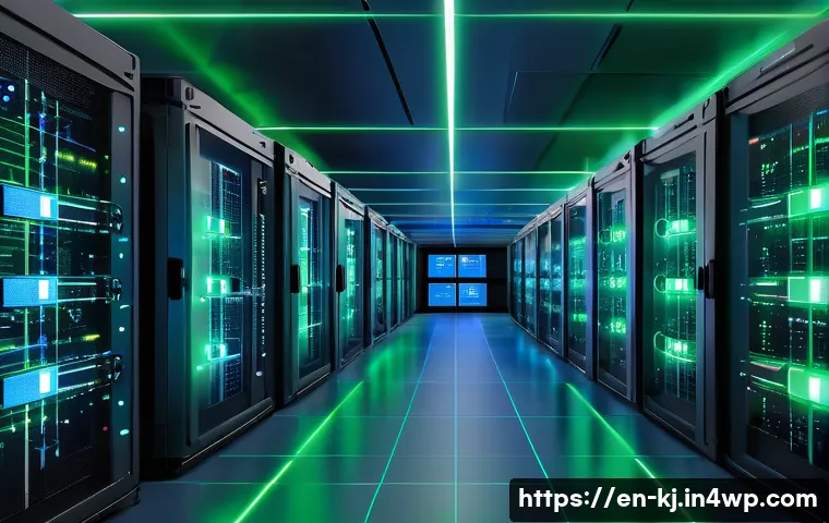 분산 시스템에서의 웹 기술 활용 방안 - A futuristic data center interior showcasing a complex microservices architecture visualized as inte...