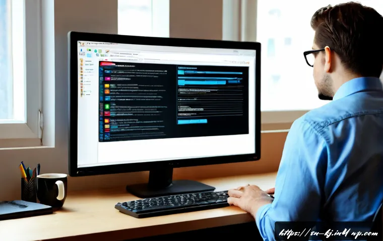 개발자 도구 활용법  웹사이트 문제 해결하기 - Photorealistic home office scene of a web developer troubleshooting a website on a widescreen monito...