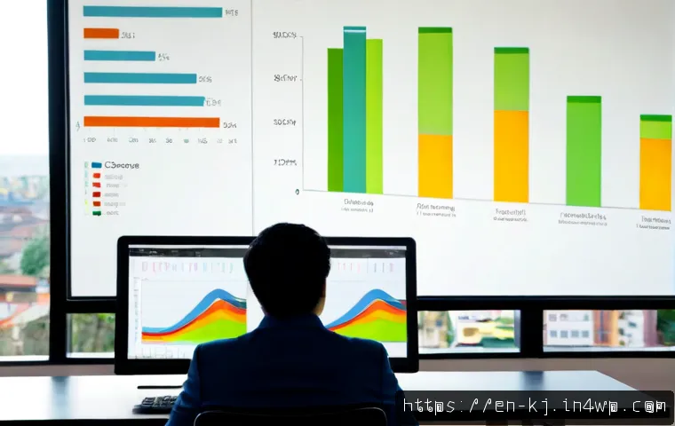 웹 기술을 통한 데이터 시각화 기법 - Photorealistic modern analyst workspace, a diverse professional viewing a large ultrawide monitor wi...